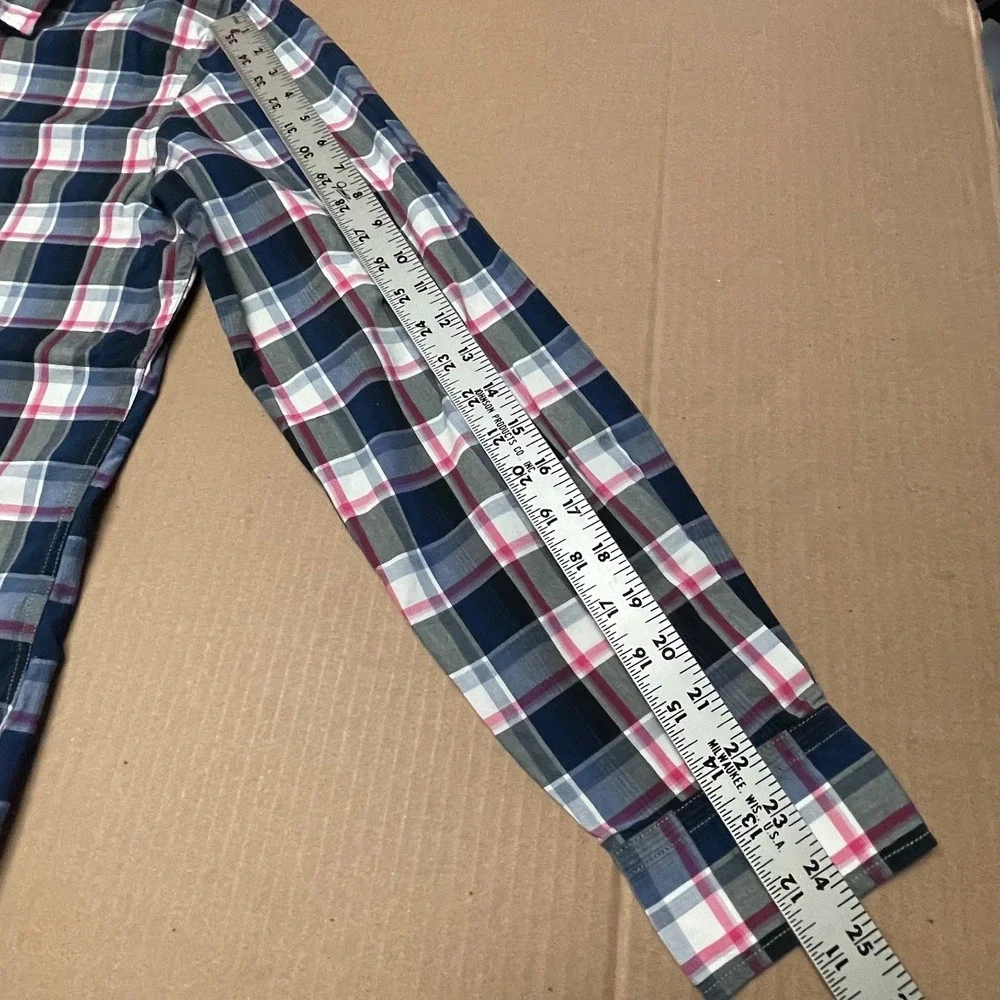 Banana Republic Men's M Grant‎ Fit Shirt Navy Pink Blue Plaid Oxford EUC